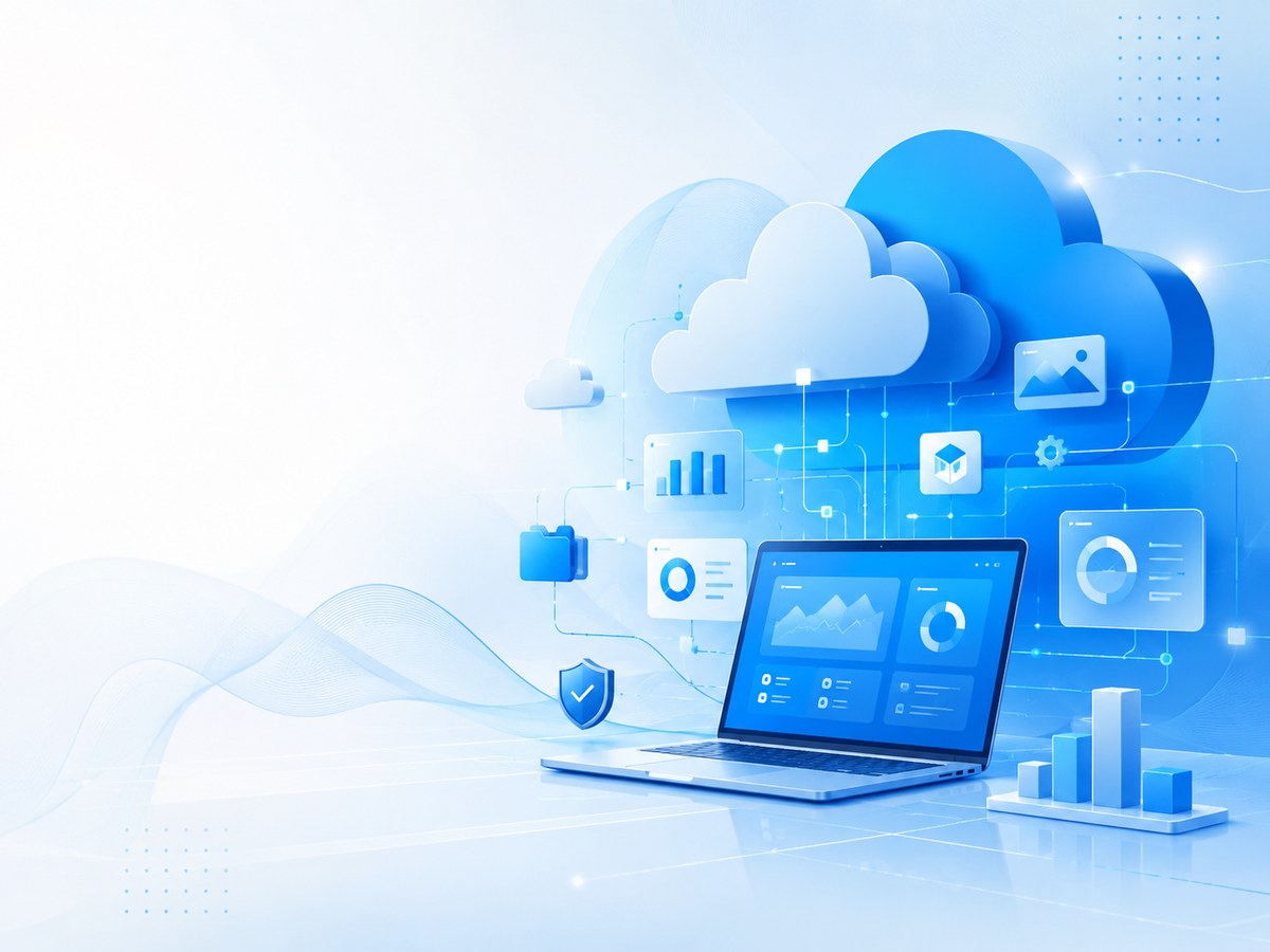 Cloud Technologies ERP, CRM and HRMS dashboard illustration